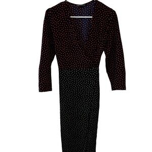 ZARA SMALL Black with Red/yellow/green dots color block wrap dress with belt